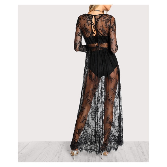 Black Sheer Floral Lace Maxi Dress - Picture 3 of 5